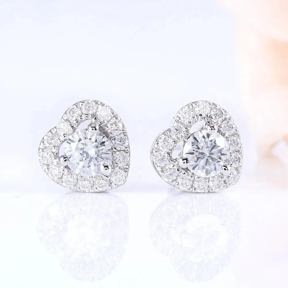 10k White Gold & Platinum Plated Silver Heart Moissanite Earrings 0.78ctw