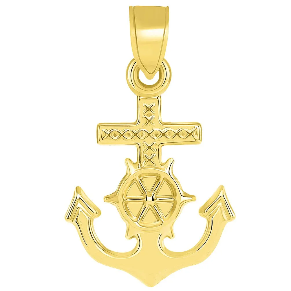 14k Gold Religious Nautical 3D Mariner's Cross Pendant Figaro Necklace - Yellow Gold