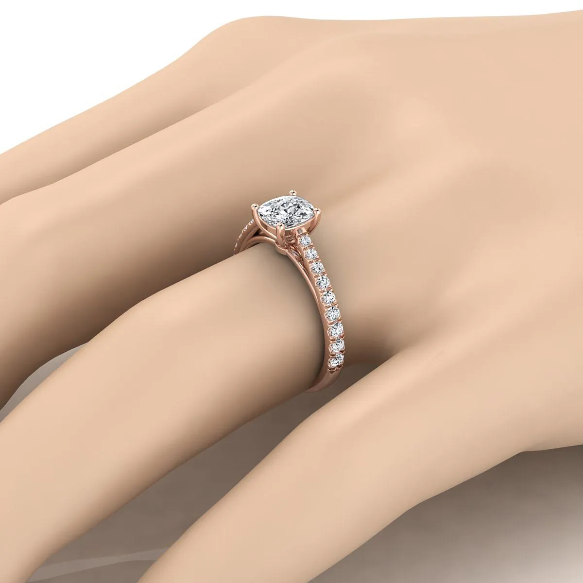 14K Rose Gold Cushion Diamond French Pave Cathedral Style Solitaire Engagement Ring -1/4ctw