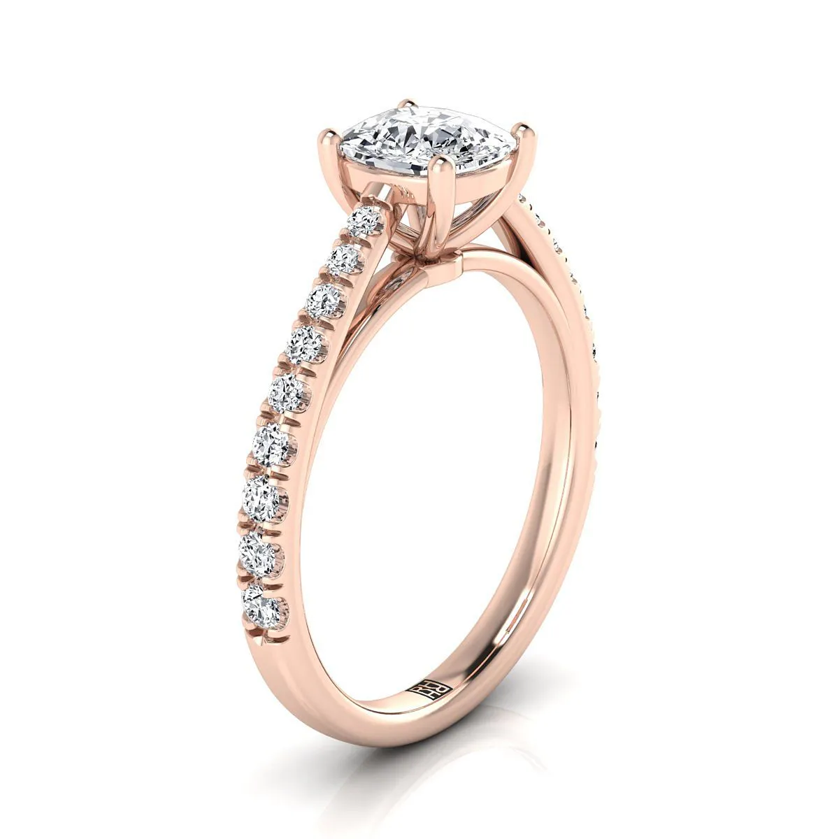 14K Rose Gold Cushion Diamond French Pave Cathedral Style Solitaire Engagement Ring -1/4ctw