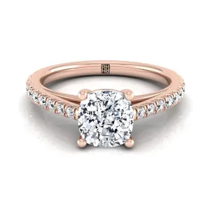 14K Rose Gold Cushion Diamond French Pave Cathedral Style Solitaire Engagement Ring -1/4ctw