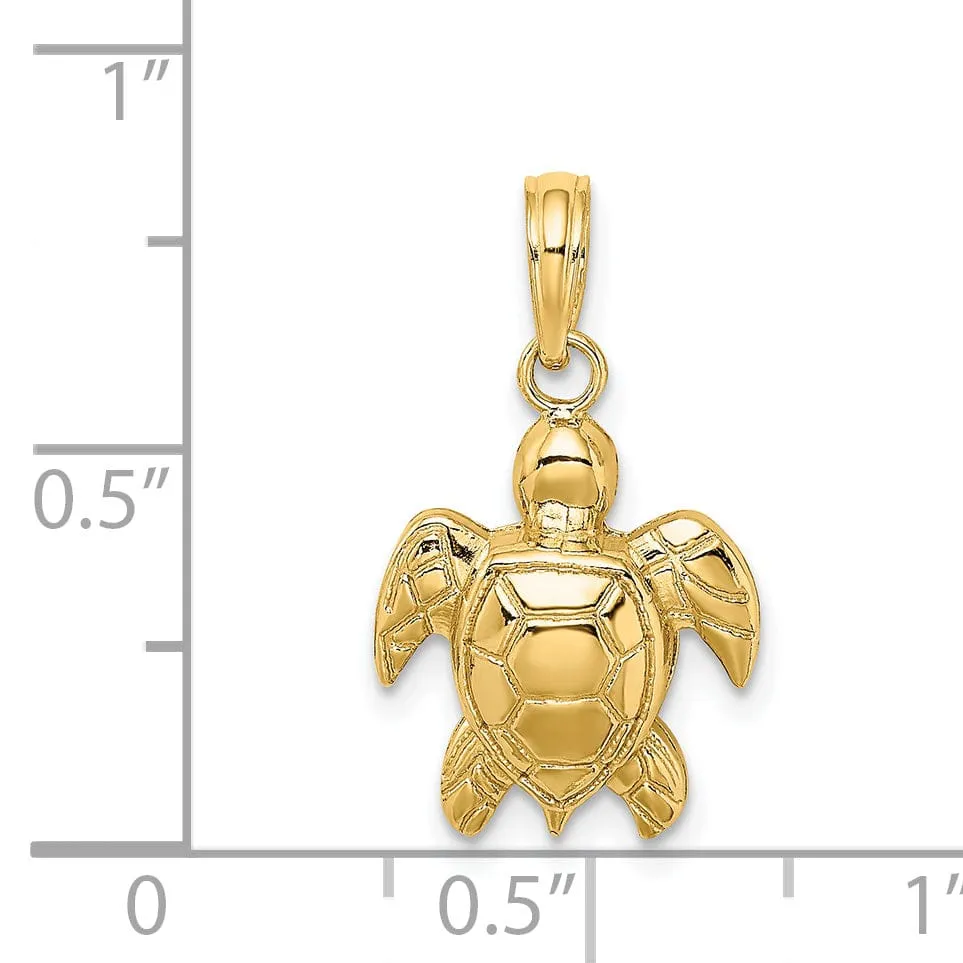 14k Yellow Gold 2D Casted Solid Open Back Textured Polished Finish Sea Turtle Charm Pendant