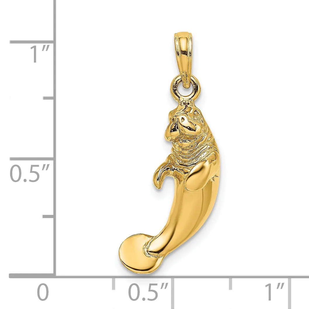 14K Yellow Gold 3-Dimensional Polished Finish Manatee Design Charm Pendant