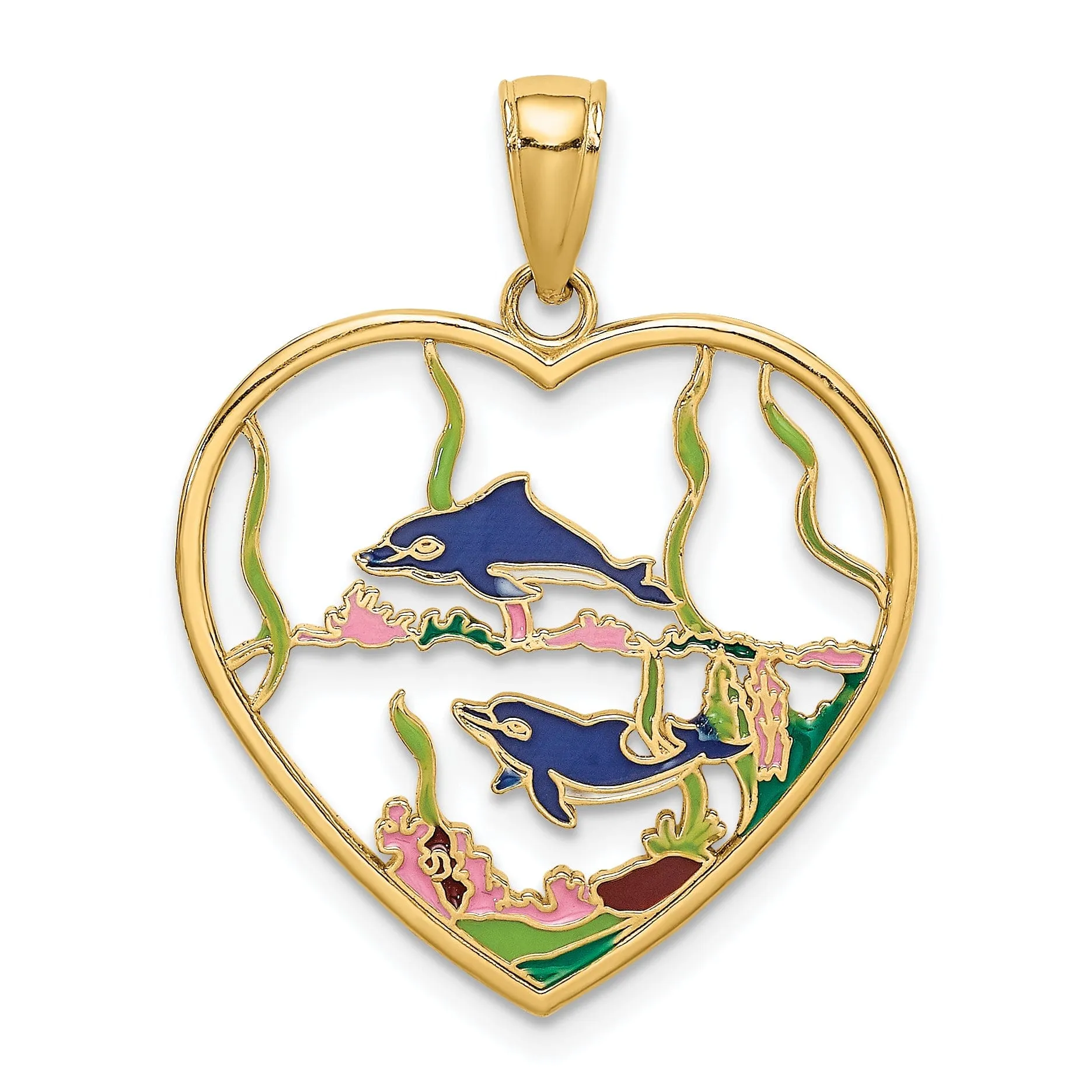 14k Yellow Gold Casted Solid Multi-colored Enamel Polished Finish Dolphins In Heart Charm Pendant