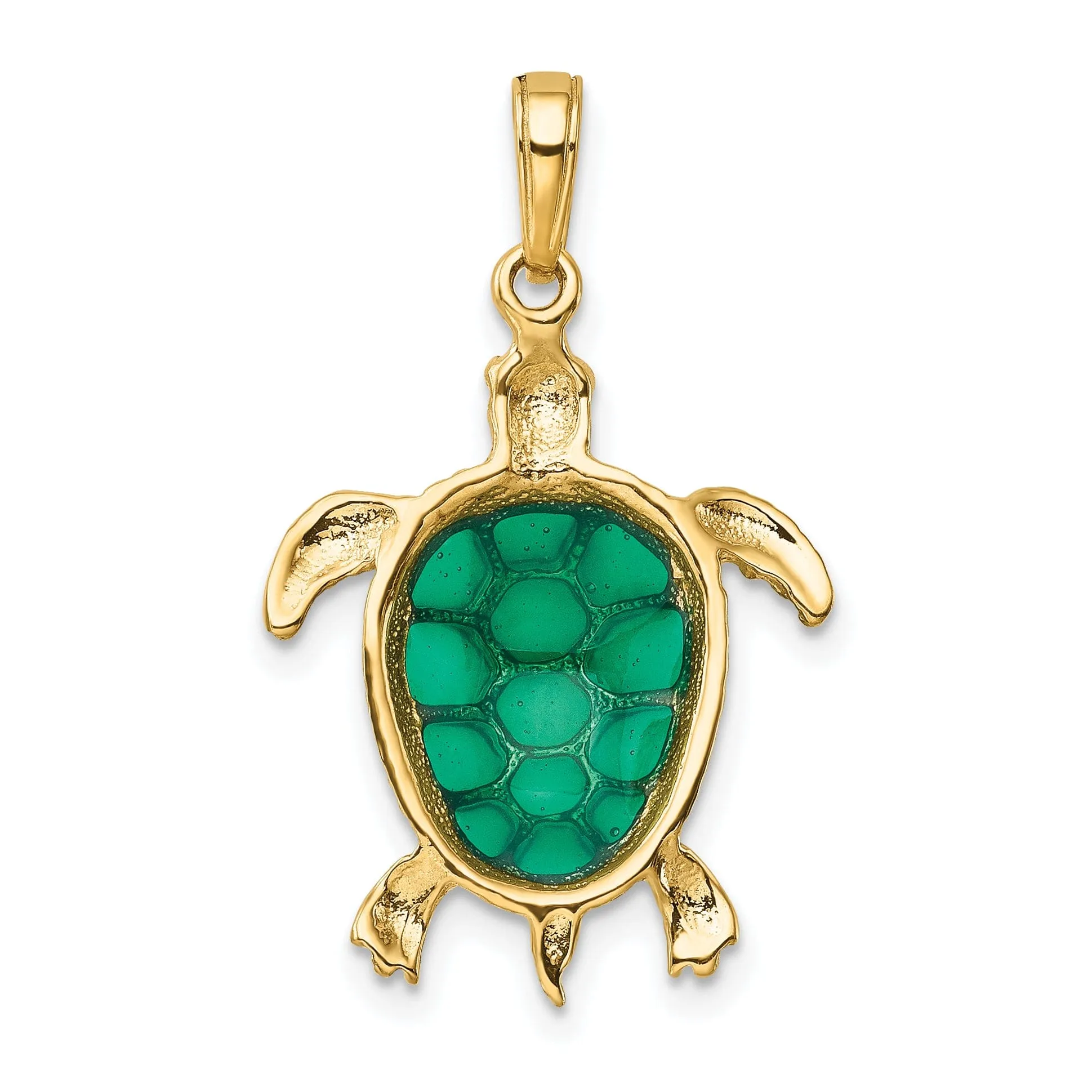 14K Yellow Gold Casted Solid Polished and Textured Finish Green Enameled Sea Turtle Charm Pendant