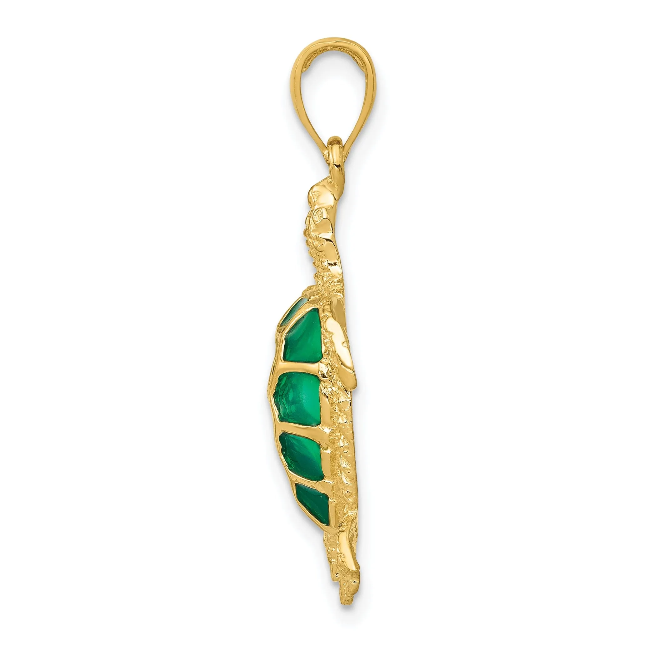 14K Yellow Gold Casted Solid Polished and Textured Finish Green Enameled Sea Turtle Charm Pendant