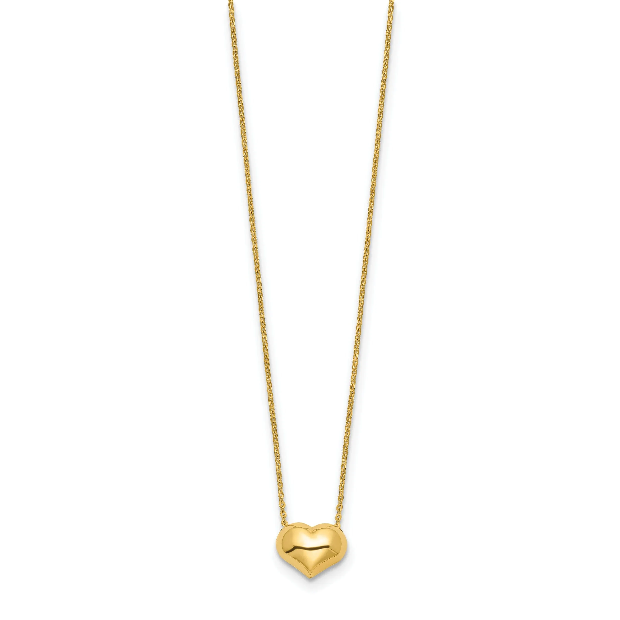 14k Yellow Gold Polished Finish Hollow Puffed Heart 16.5 inch Cable Chain Necklace Design