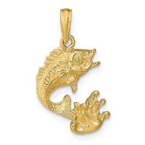 14k Yellow Gold Polished Textured Finish Bass Fish Jumping Charm Pendant