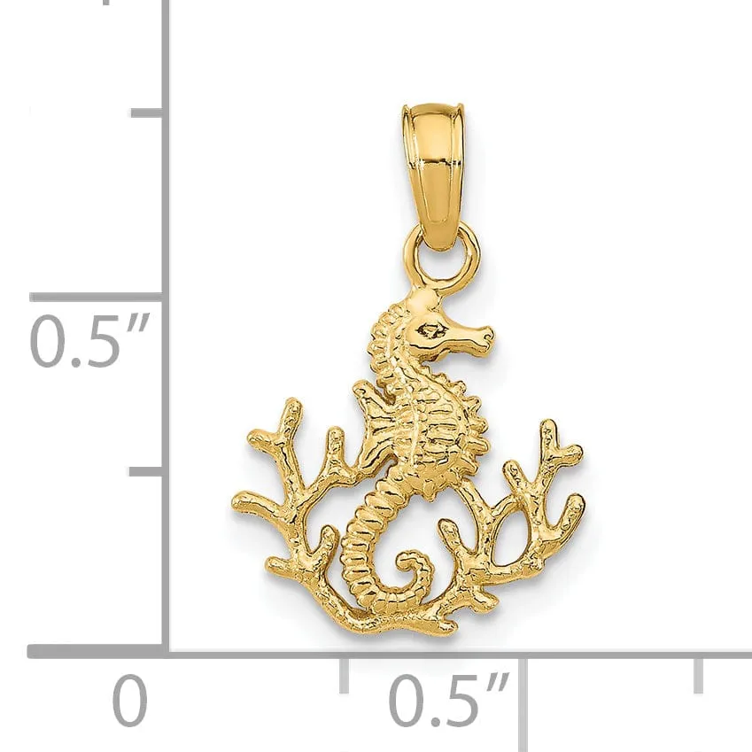 14K Yellow Gold Polished Textured Finish Mini Size Seahorse with Coral Design Charm Pendant