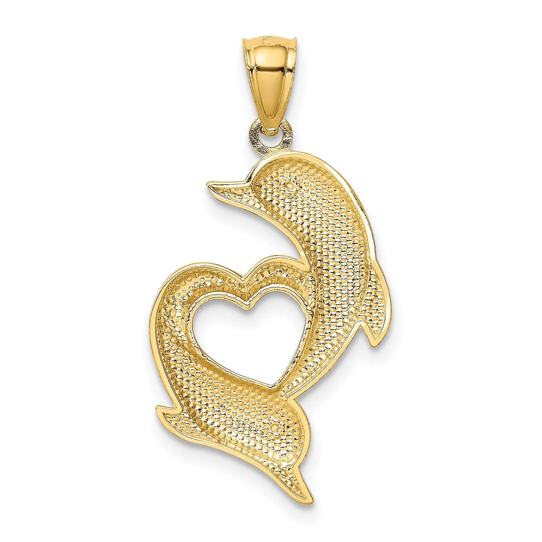 14K Yellow Gold Polished Textured Finish Two Dolphins Heart Design Charm Pendant