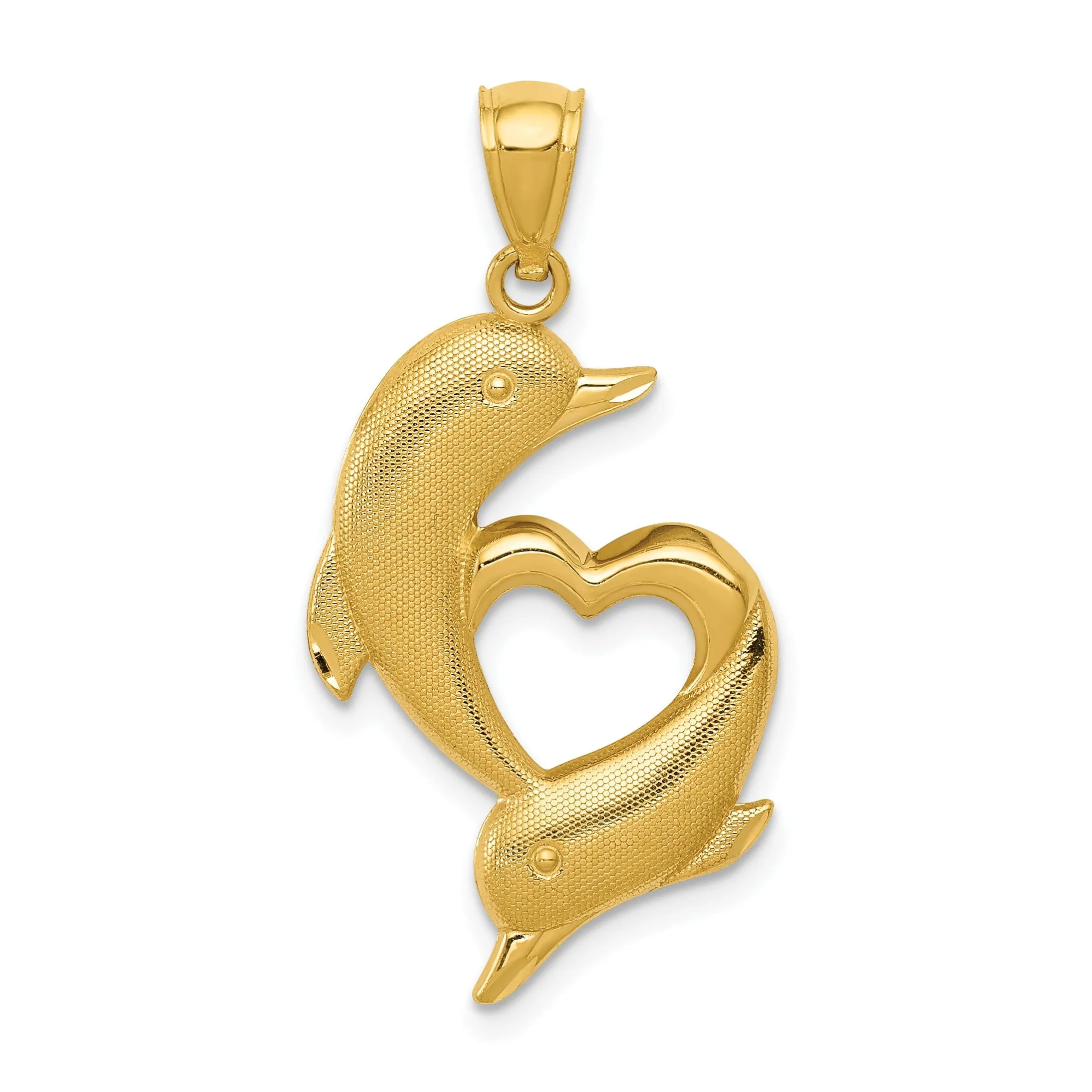 14K Yellow Gold Polished Textured Finish Two Dolphins Heart Design Charm Pendant