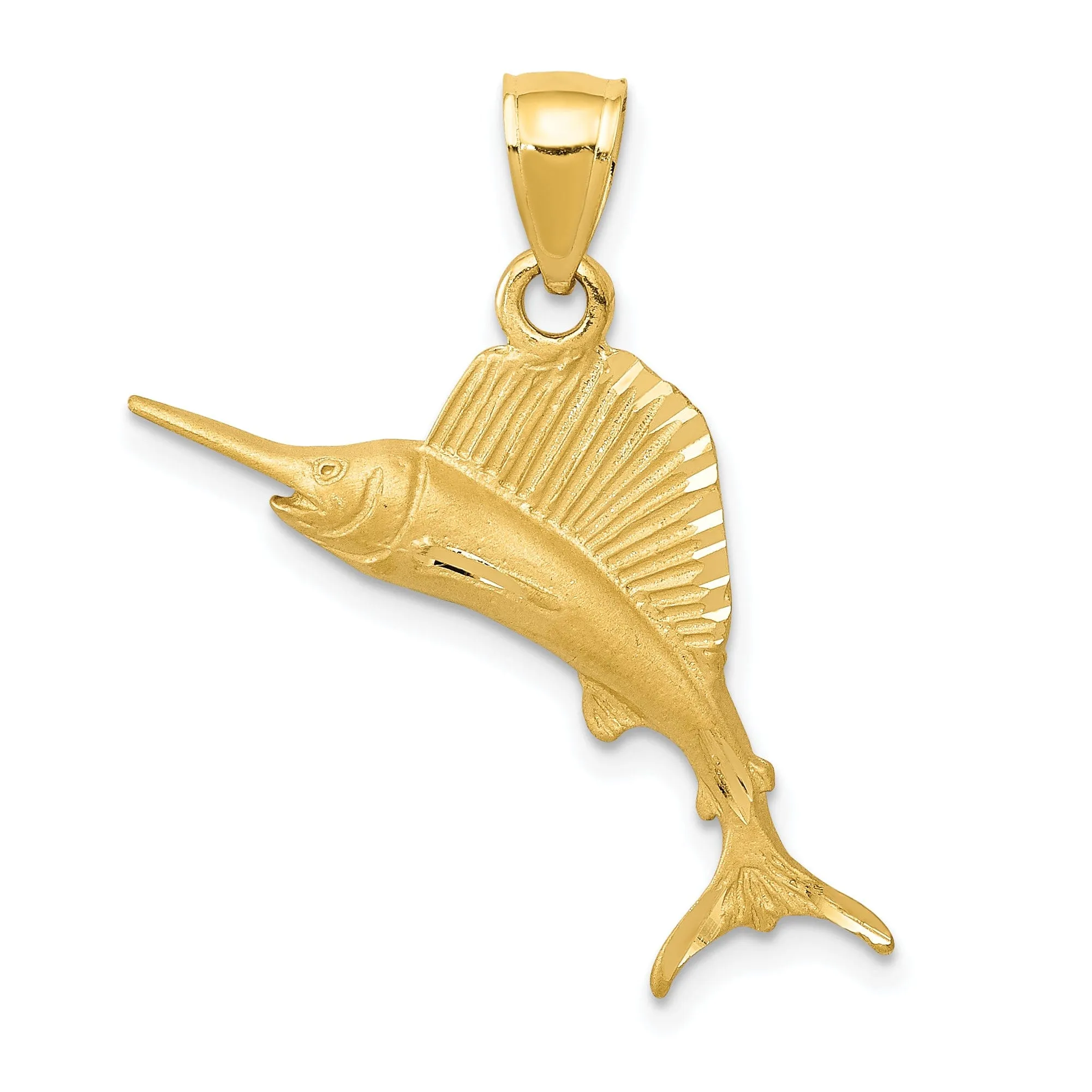 14k Yellow Gold Solid Brushed Diamond Cut Finish Sailfish Charm Pendant