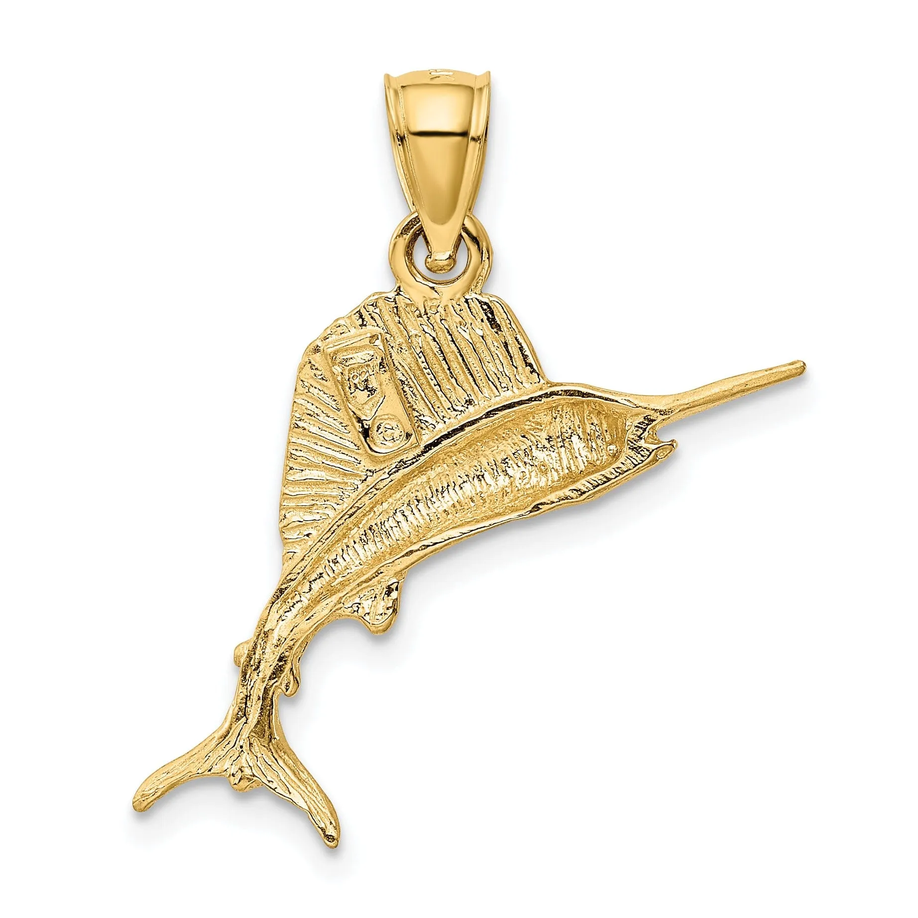 14k Yellow Gold Solid Brushed Diamond Cut Finish Sailfish Charm Pendant