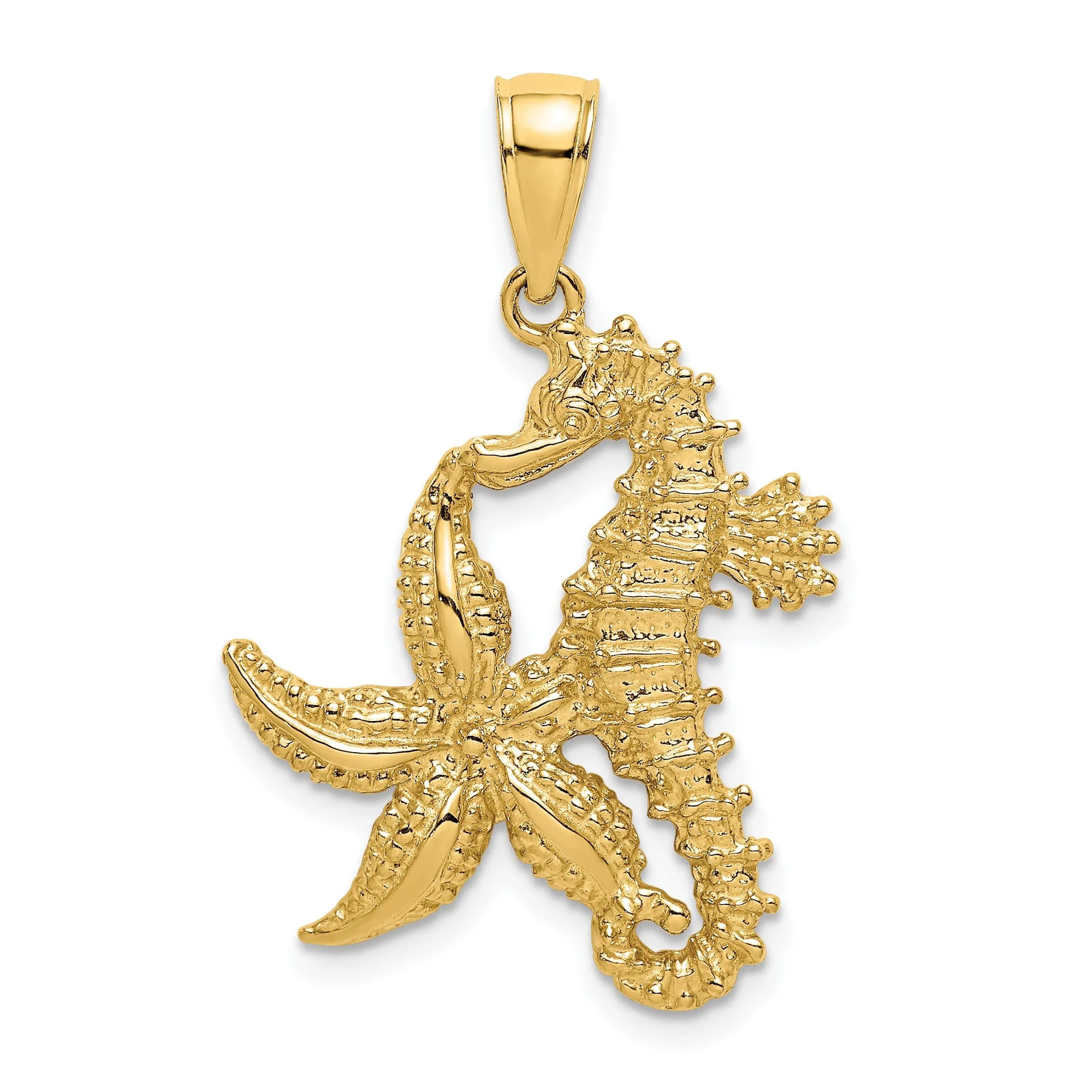 14K Yellow Gold Solid Polished Texture Finish Starfish and Seahorse Design Charm Pendant