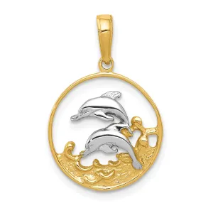 14k Yellow Gold White Rhodium Textured Polished Finish Solid Double Dolphin Swimming Circle Design Charm Pendant