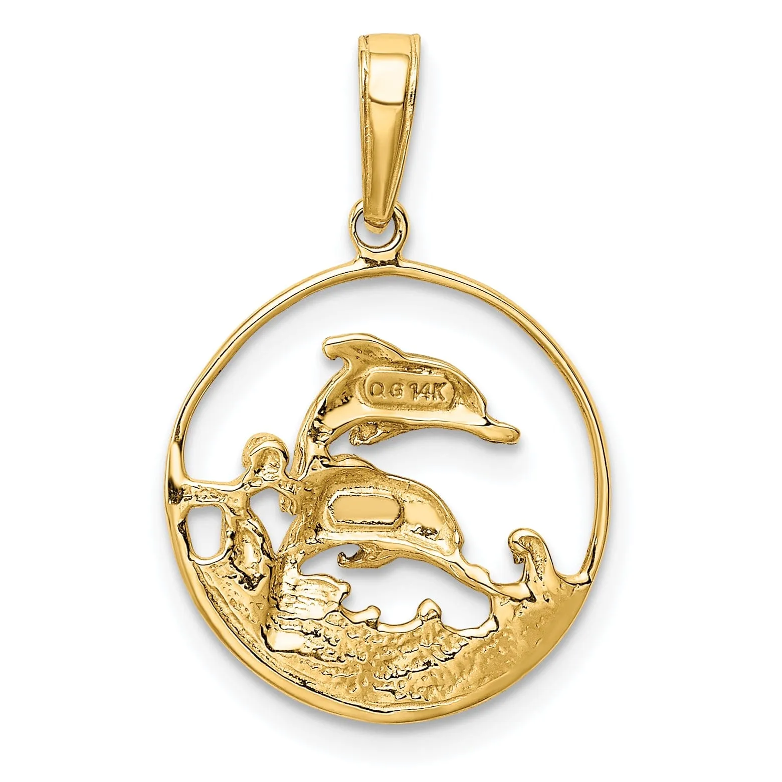 14k Yellow Gold White Rhodium Textured Polished Finish Solid Double Dolphin Swimming Circle Design Charm Pendant