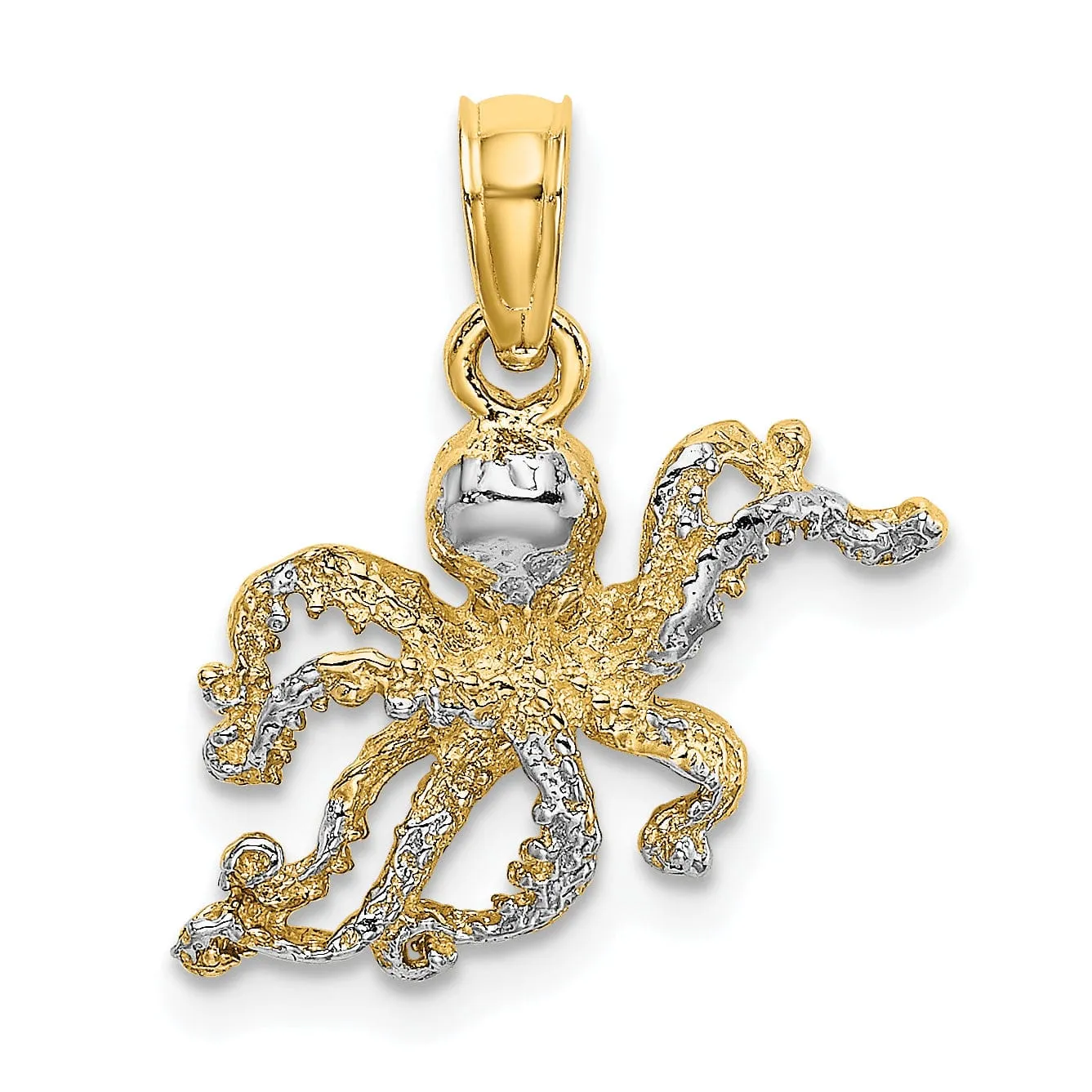 14K Yellow Gold with Rhodium Casted Textured Solid Polished Finish Octopus Charm Pendant