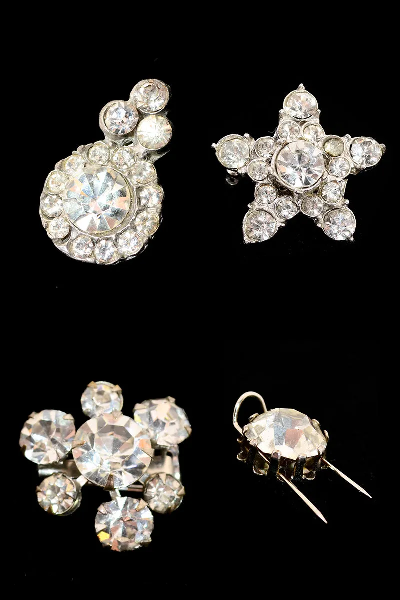 1950s Vintage Small Rhinestone Brooches, Set of 4