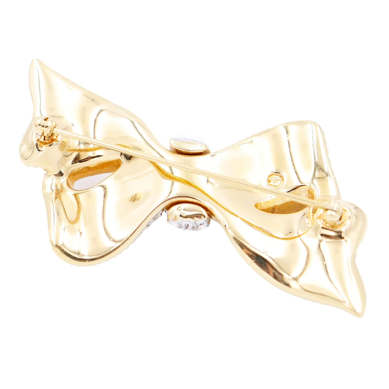 1990s Swarovski Crystal Gold Plated Bow Brooch w Swan Mark