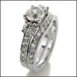 .65 Round Cubic Zirconia Center 3 Stone Engagement ring with  Pave Curved CZ Band 14K White Gold