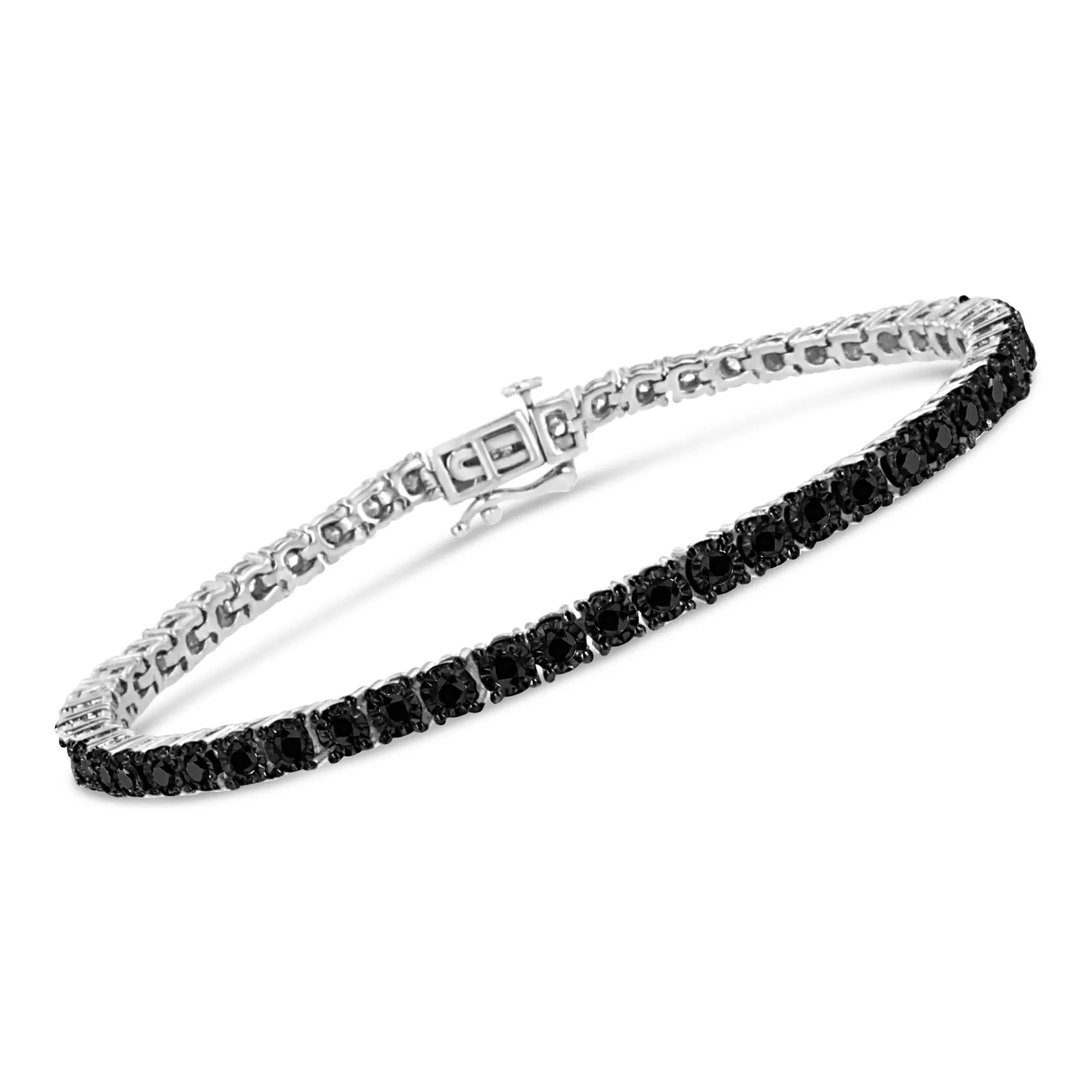 .925 Sterling Silver 3.0 Cttw Miracle-Set Treated Black Diamond Round Miracle Plate Tennis Bracelet (Black Color, I3 Clarity) - 7.25"