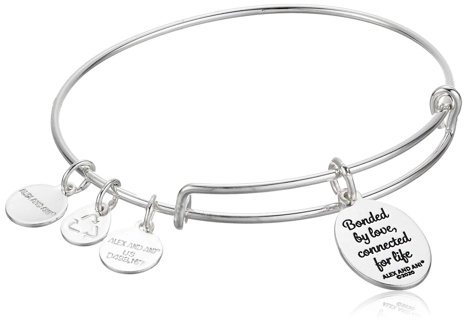 Alex and Ani Because I Love You Mom Expandable Wire Bangle Bracelet for Women, Bonded by Love Charm, Shiny Antique Silver Finish, 2 to 3.5 in