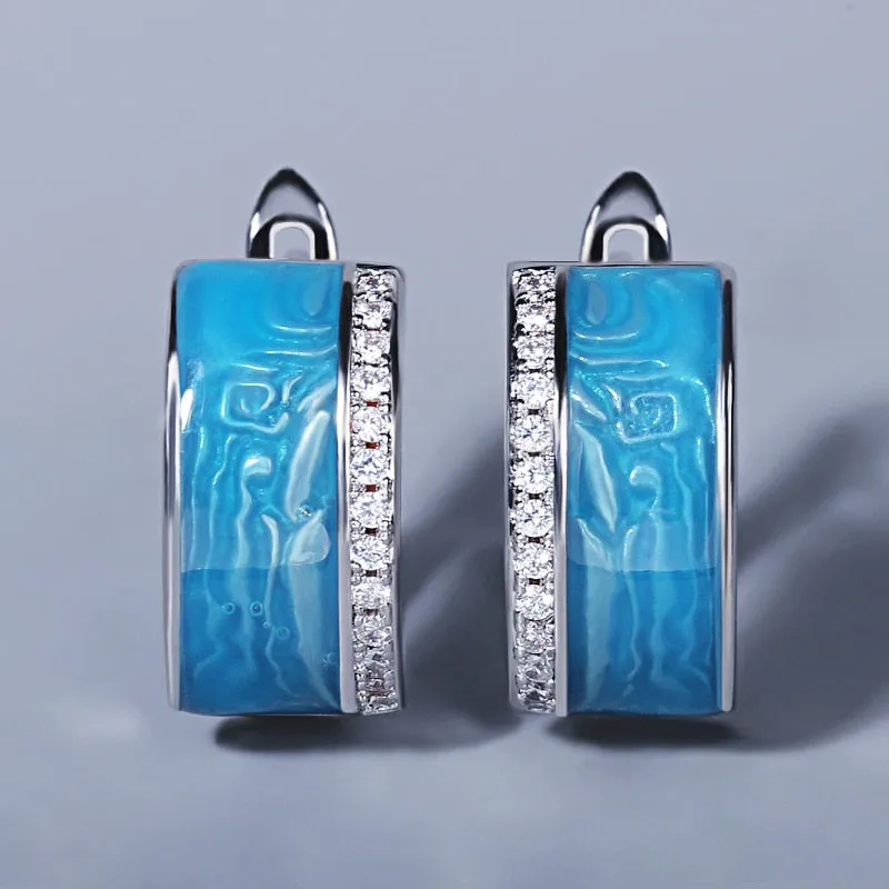 Blue Enamel Earrings for Women with Zircon Sparkling in 925 Silver