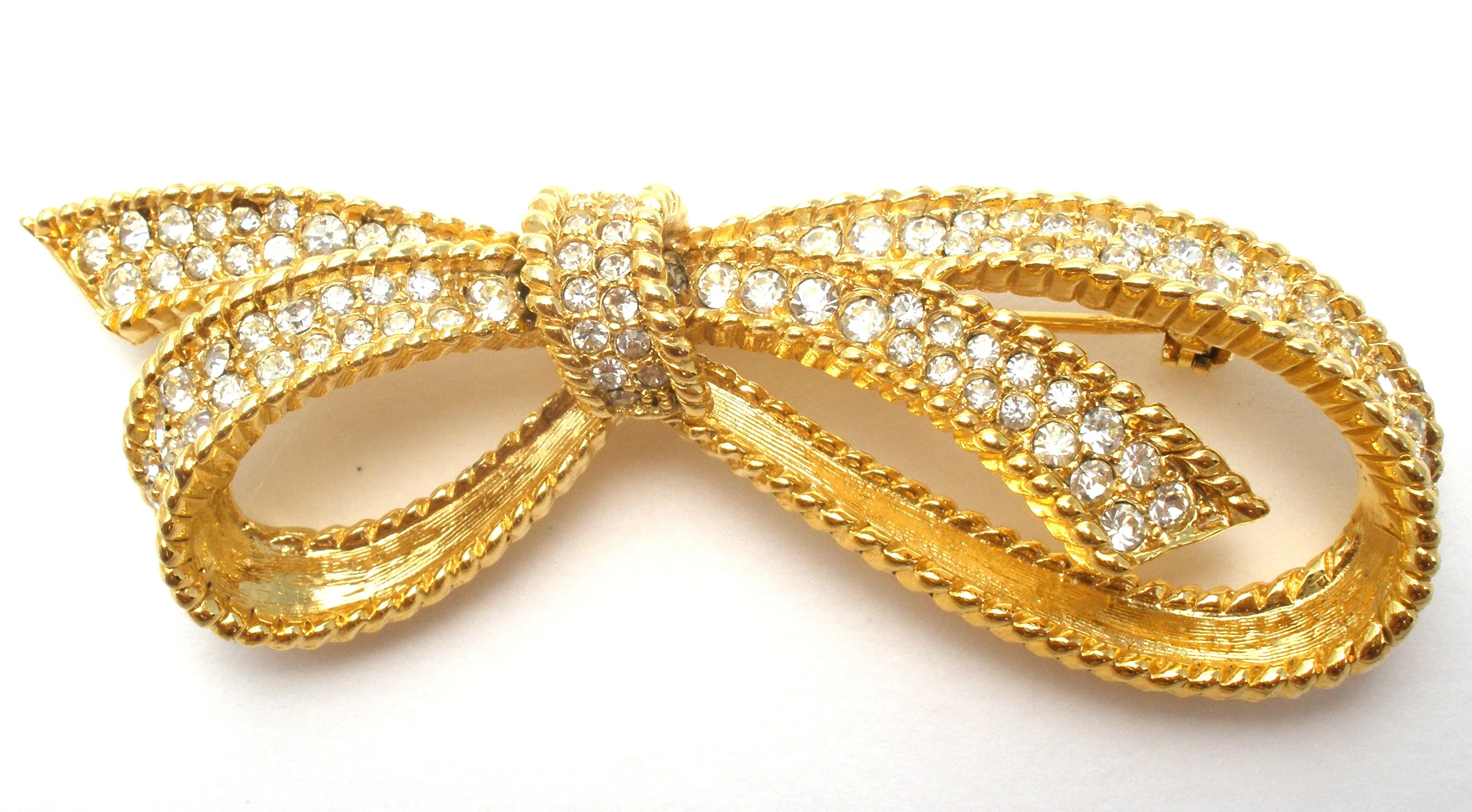 Bow Brooch Pin with Clear Crystals Vintage