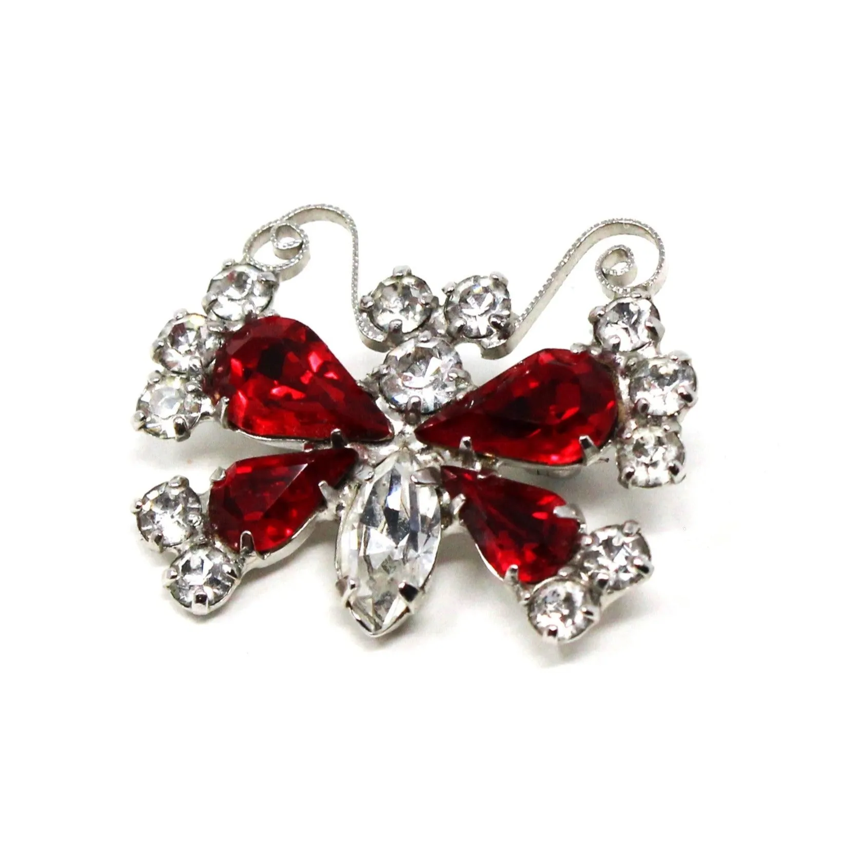 Brooch / Pin, Figural Butterfly, B. David, Red & Clear Rhinestones, Silver Tone, Vintage