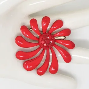 Brooch / Pin, Red Flower Pinwheel, Enamel, Vintage