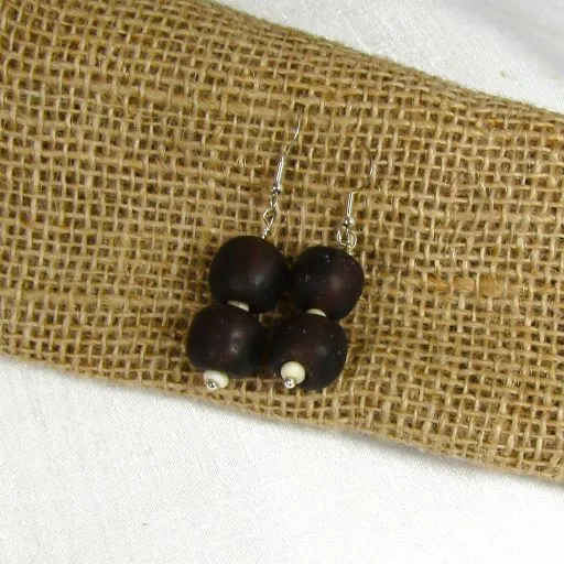 Brown Sea Glass Double Bead Drop Earrings