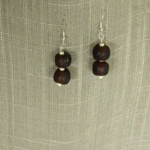 Brown Sea Glass Double Bead Drop Earrings