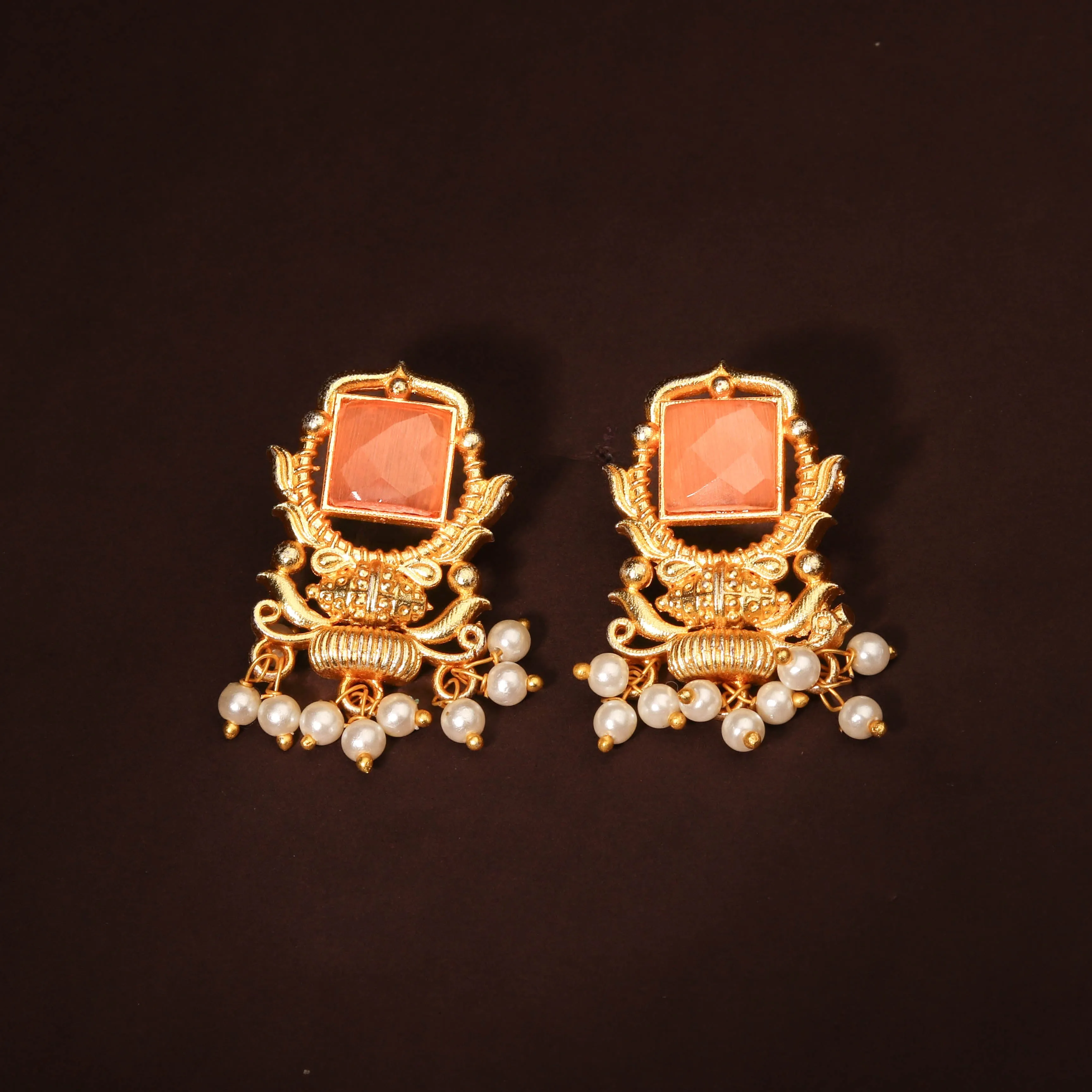 Classic Gold Plated Orange Stone Earring For Women