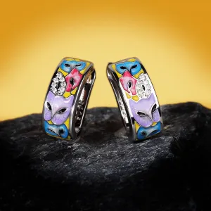 Creative Cat Enamel Hoop Earrings for Women with Zircon in 925 Sterling Silver