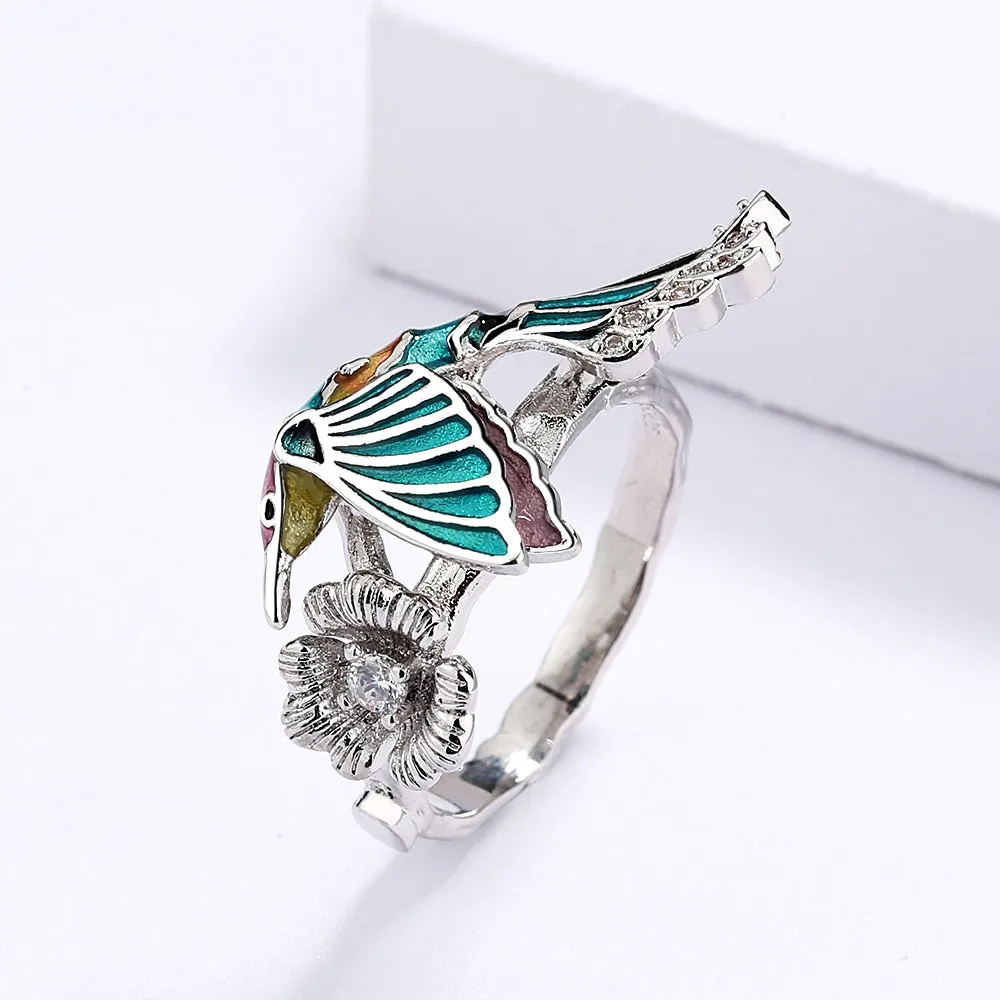 Creative Hummingbird Enamel Ring for Women with Zircon in Silver Color