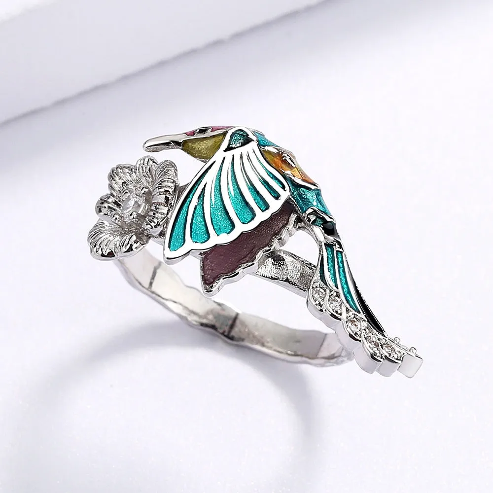 Creative Hummingbird Enamel Ring for Women with Zircon in Silver Color