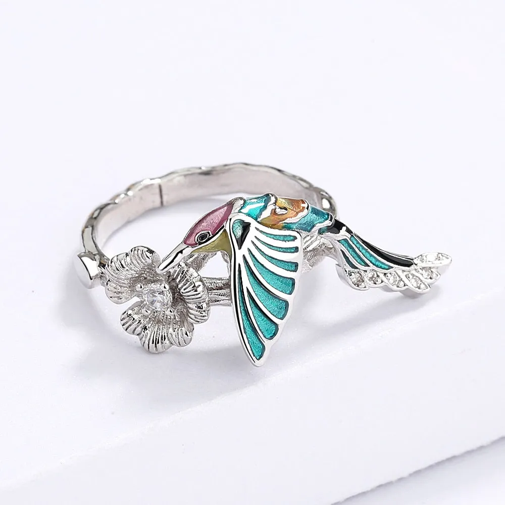 Creative Hummingbird Enamel Ring for Women with Zircon in Silver Color