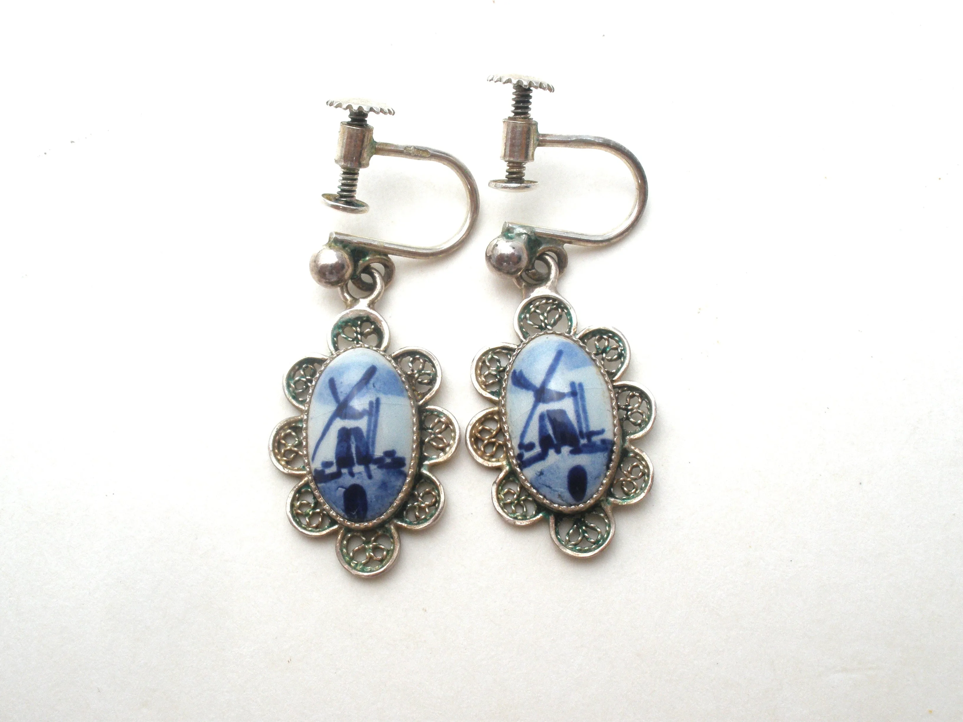 Delft Blue & White Earrings Brooch Set Vintage