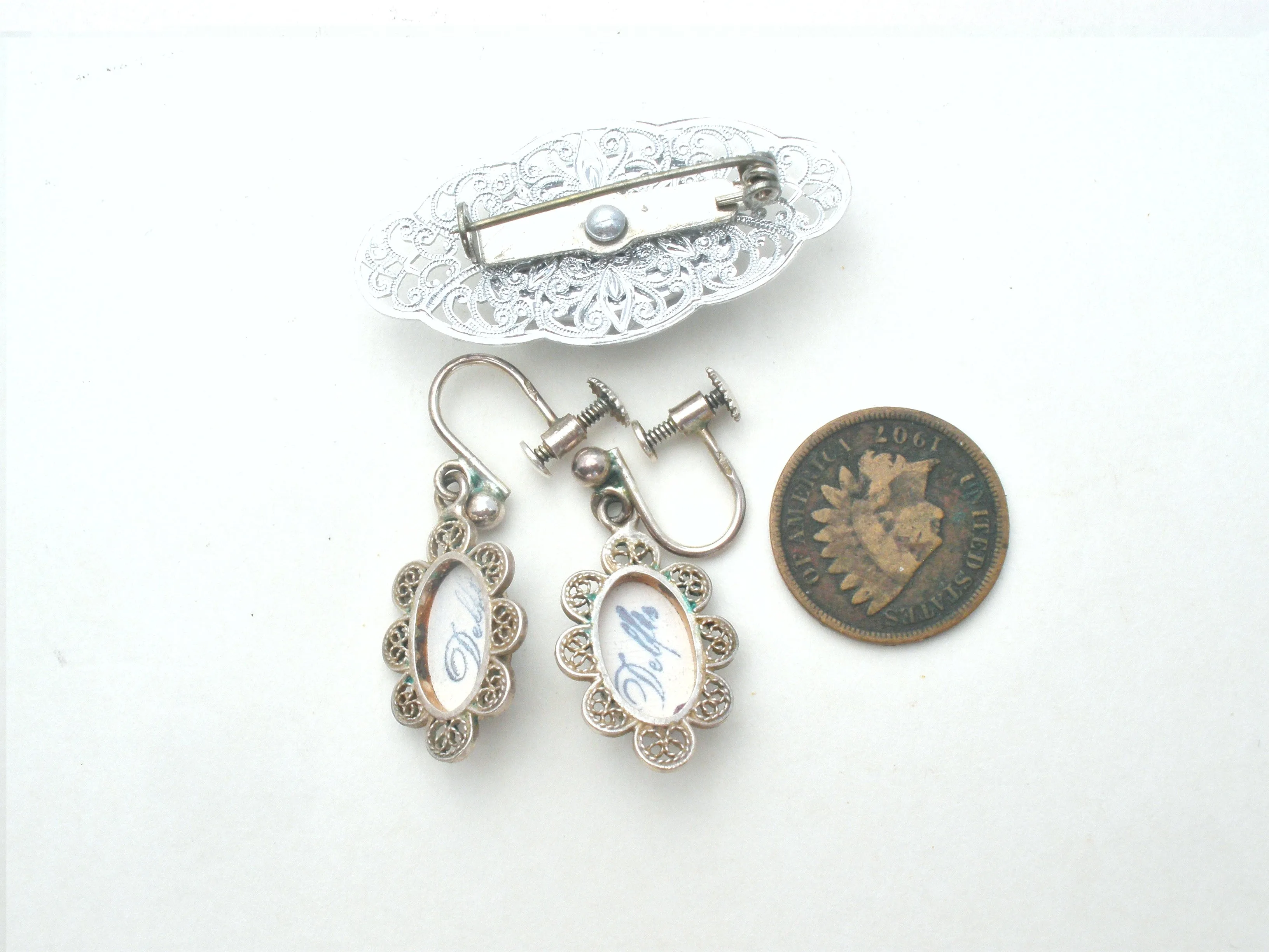 Delft Blue & White Earrings Brooch Set Vintage