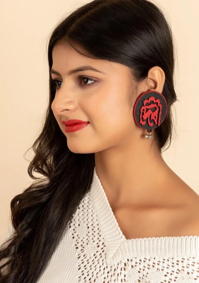 Designer Quirky Red and Black Devi Earrings with Ghungroo - Handcrafted Wooden Jewelry for All Occasions