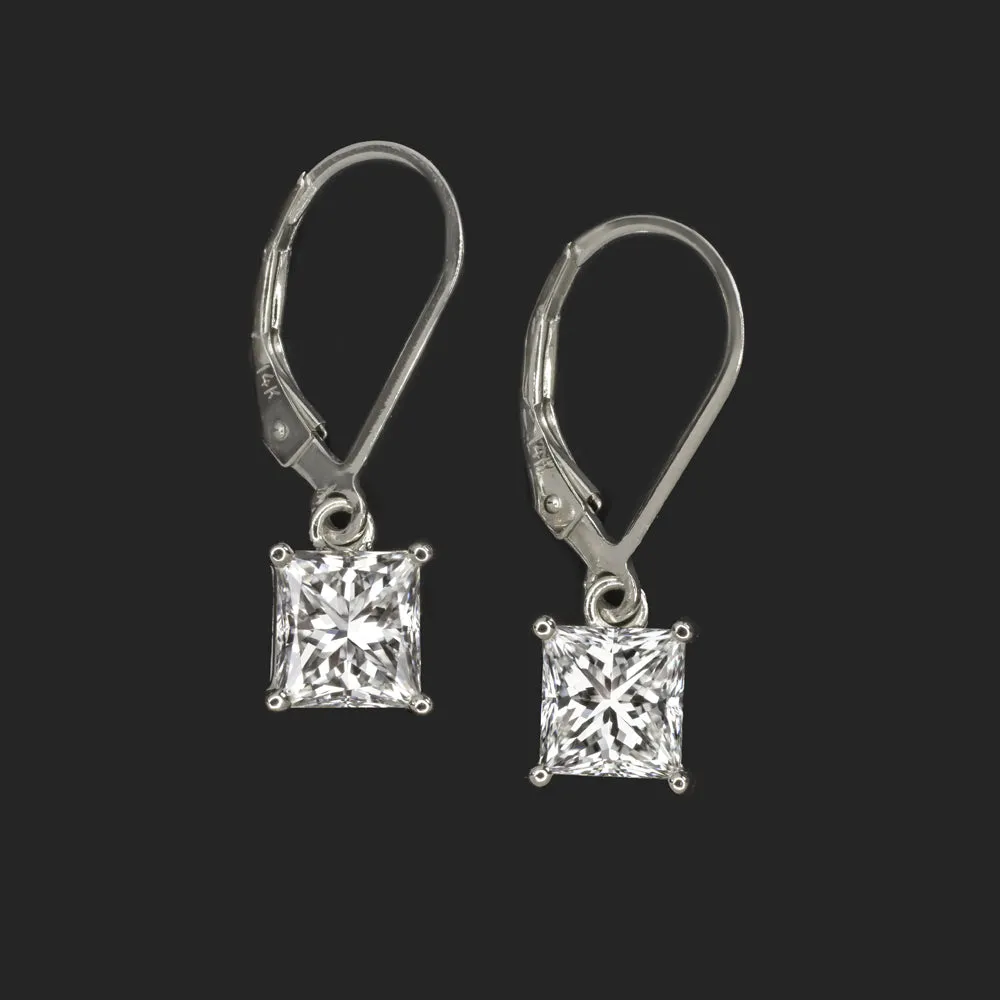 DIAMOND DROP EARRINGS 2.13c PRINCESS CUT EARTH MINED LEVERBACK DANGLE WHITE GOLD