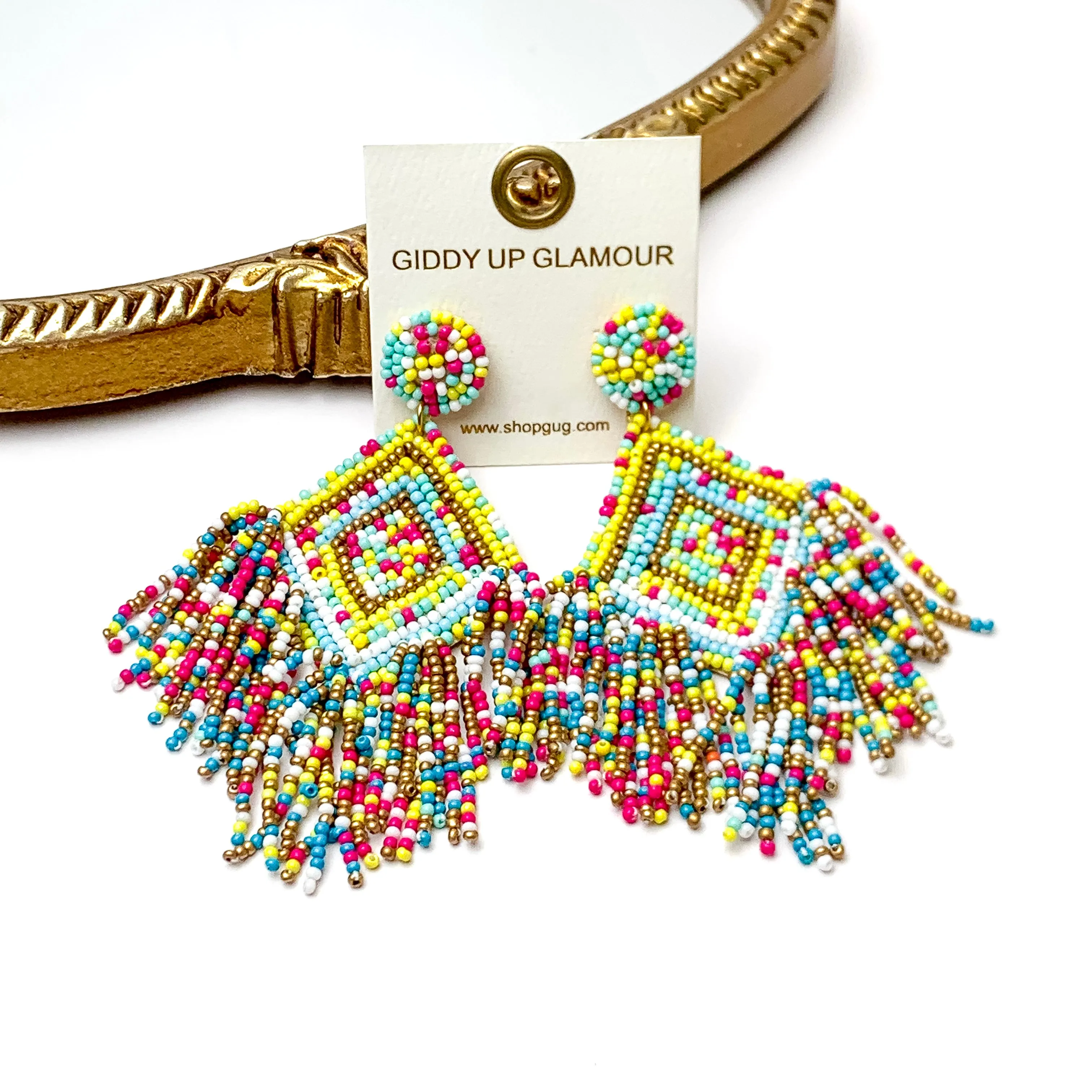 Diamond Shaped Seed Bead Earrings with Seed Bead Tassel Fringe in Multicolor