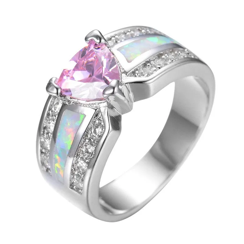 Elegant Fashion Pink Heart Female Opal Ring White Gold Filled Jewelry Vintage Party Engagement Wedding Rings For Women