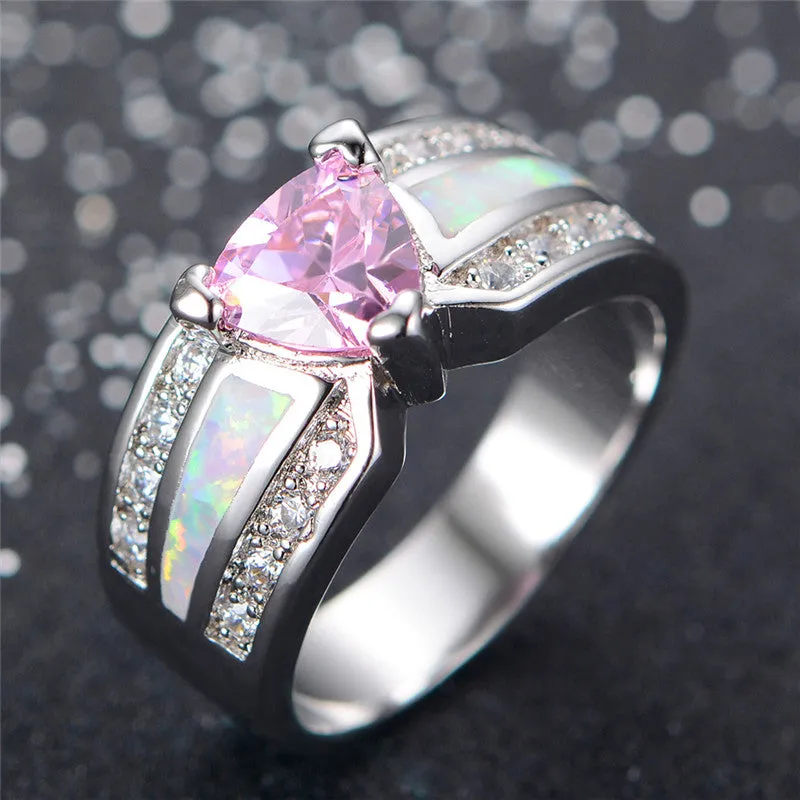 Elegant Fashion Pink Heart Female Opal Ring White Gold Filled Jewelry Vintage Party Engagement Wedding Rings For Women