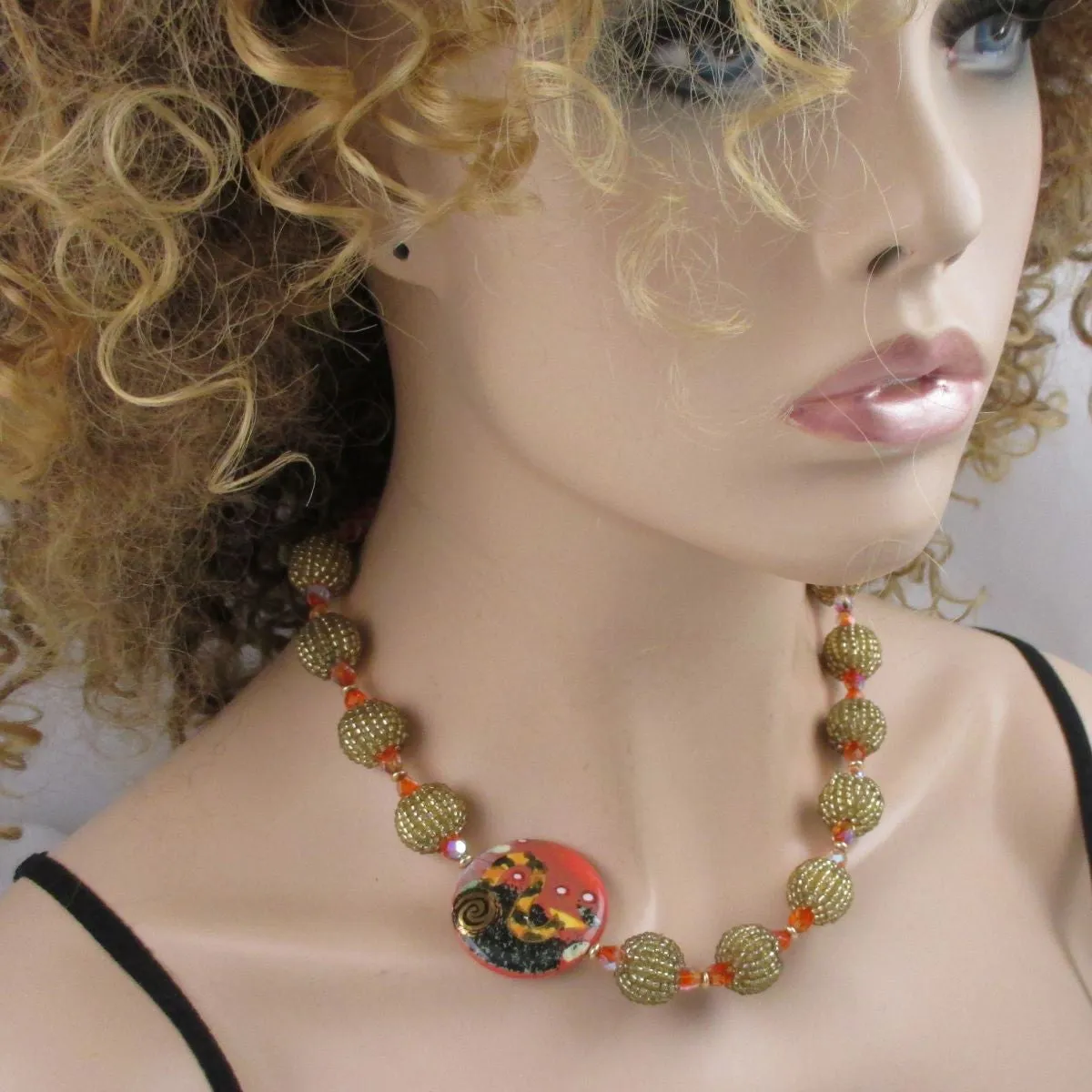 Exquisite Orange Handmade Artisan Bead Necklace