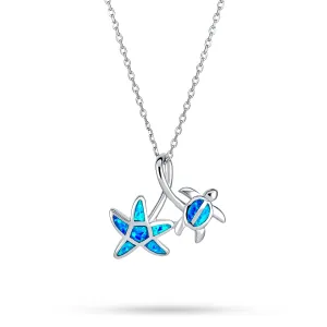 Flower Blue Green Opal Starfish Turtle Pendant Necklace .925 Silver