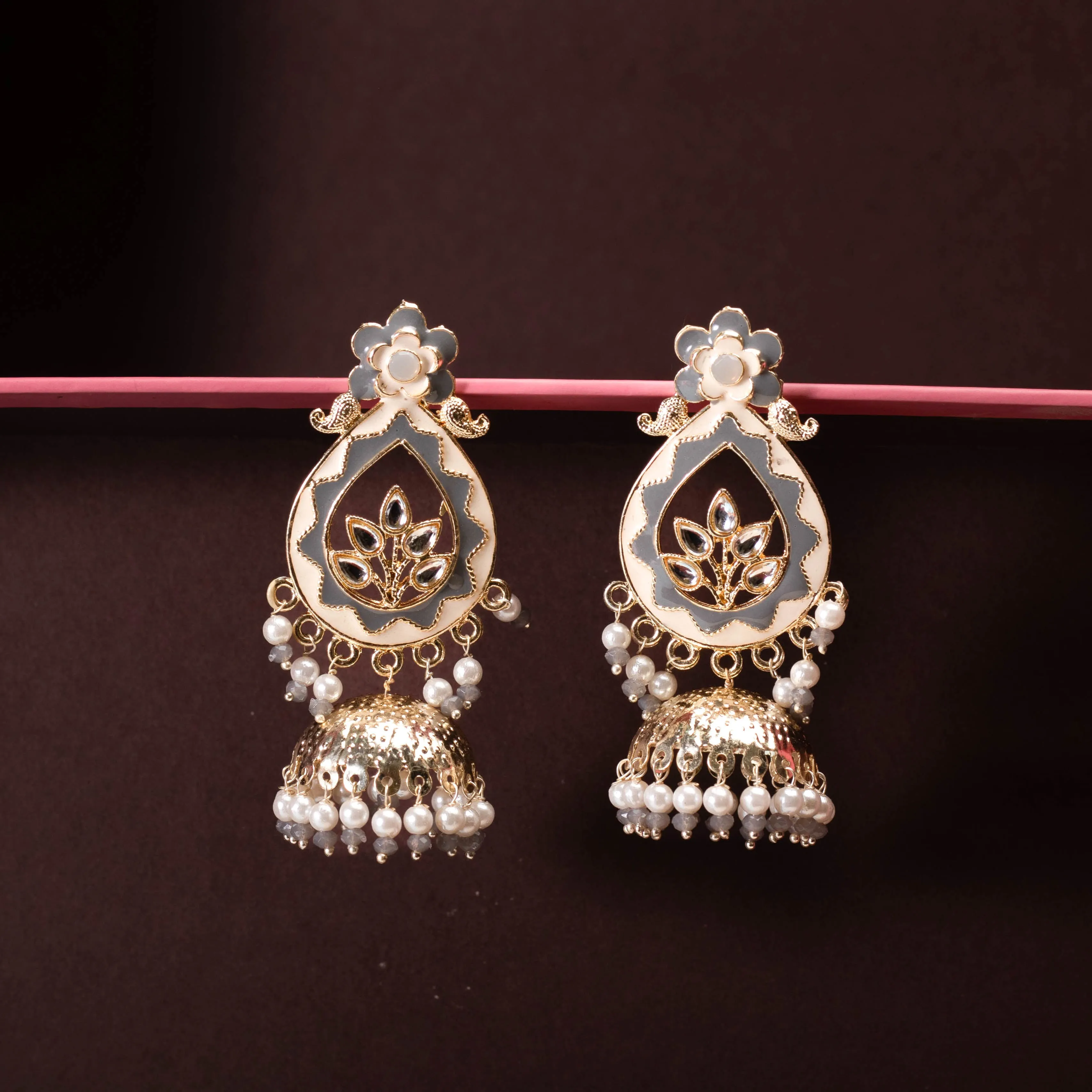 Glorious  Handcrafted Grey and White Jhumka Earring For Women