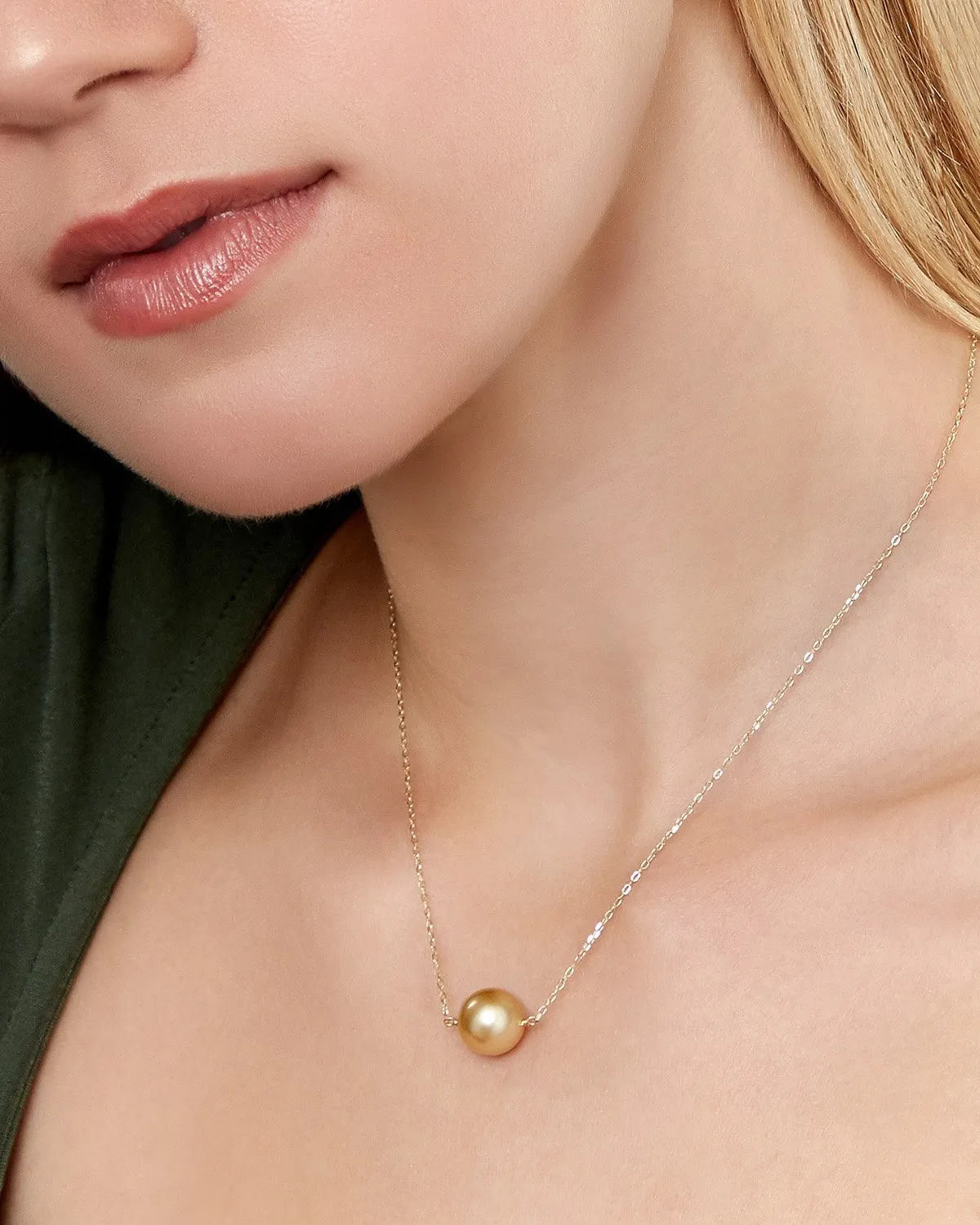 Golden Round Solitaire 14K Pearl Necklace