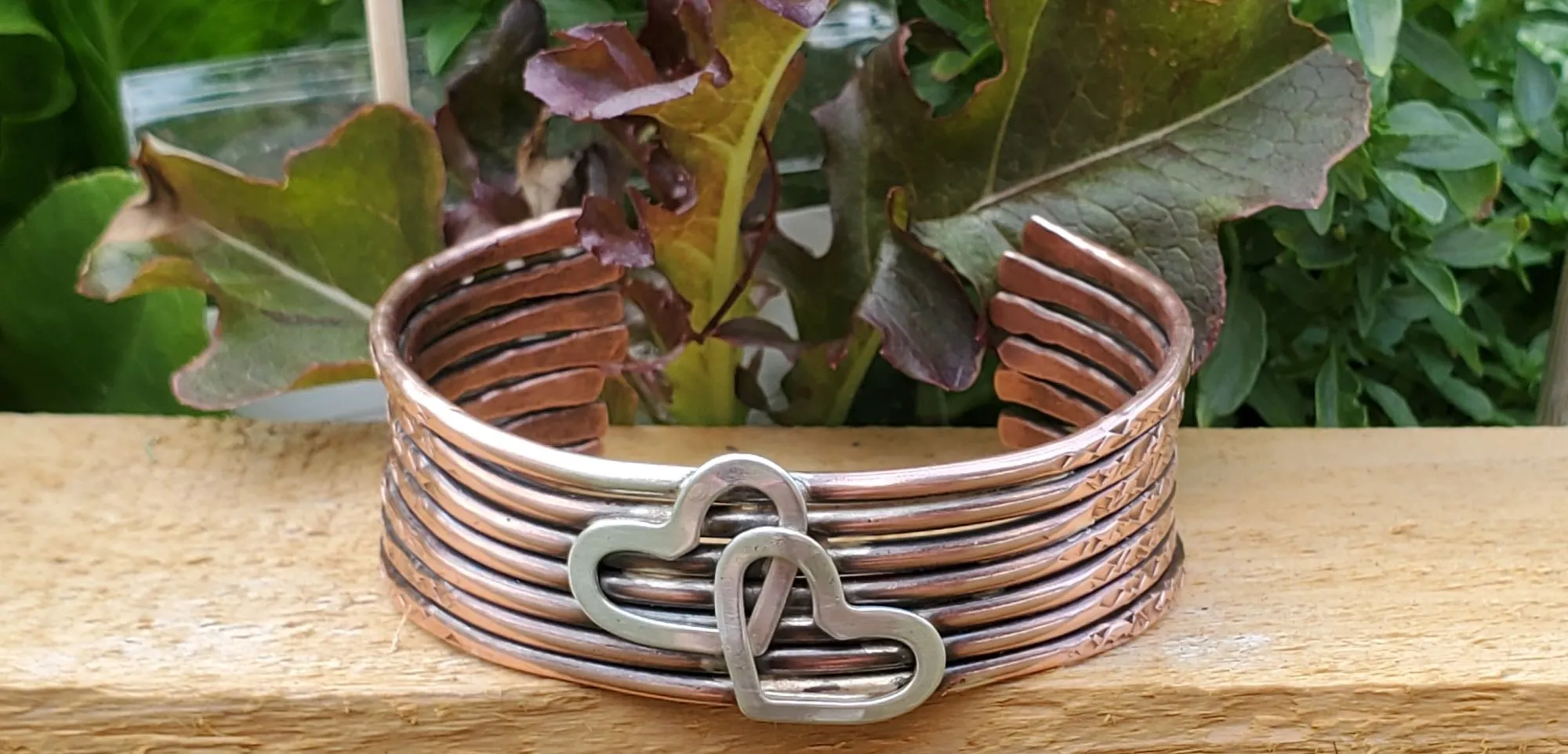 Handmade 7 Bangle Double Heart Copper Anniversary Cuff by Alexa Martha