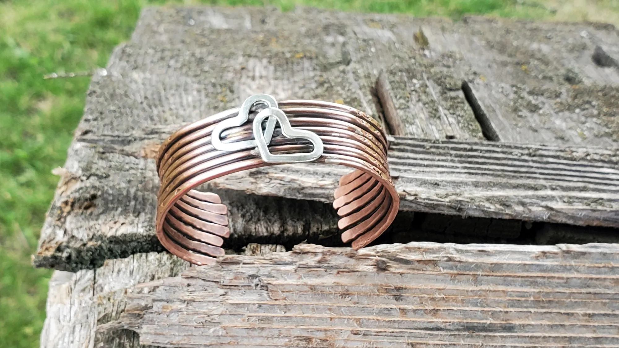 Handmade 7 Bangle Double Heart Copper Anniversary Cuff by Alexa Martha